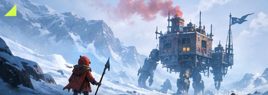 A red-cloaked survivor with a spear facing a giant walking fortress in the snow