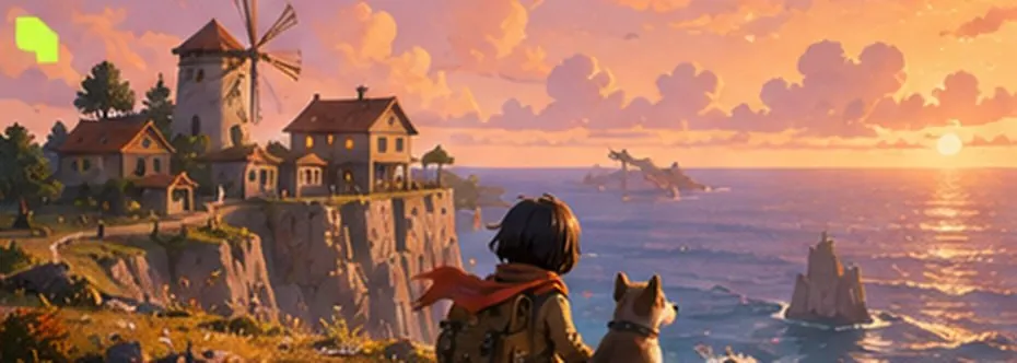 A child and a dog looking at the sea at sunset from a cliff village with a windmill