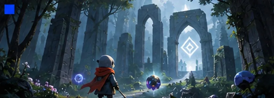 A small hooded explorer facing glowing stone ruins in a misty forest