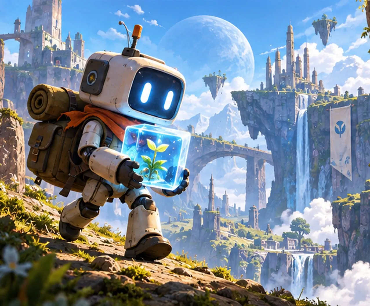 A small explorer robot carrying a glowing cube with a sprout, walking through a fantasy valley of floating castles